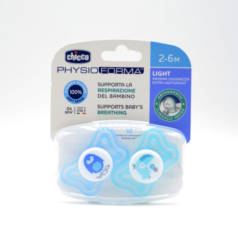 CHUPETE CHICCO SILICONA PHYSIO LIGHT AZUL 2-6M 2 Chupetes y broches