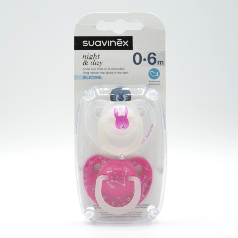 CHUPETE SUAVINEX SILICONA ANATOMICA NOCHE&DIA 0-6M 2U Chupetes y broches