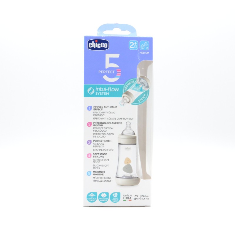 BIBERON CHICCO ANTI-COLICO SILICONA NEUTRO +2M F MEDIO 240 ML Biberones y tetinas