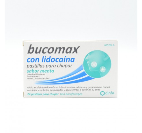 BUCOMAX LIDOCAINA 24 PASTILLAS PARA CHUPAR MENTA Dolor de garganta