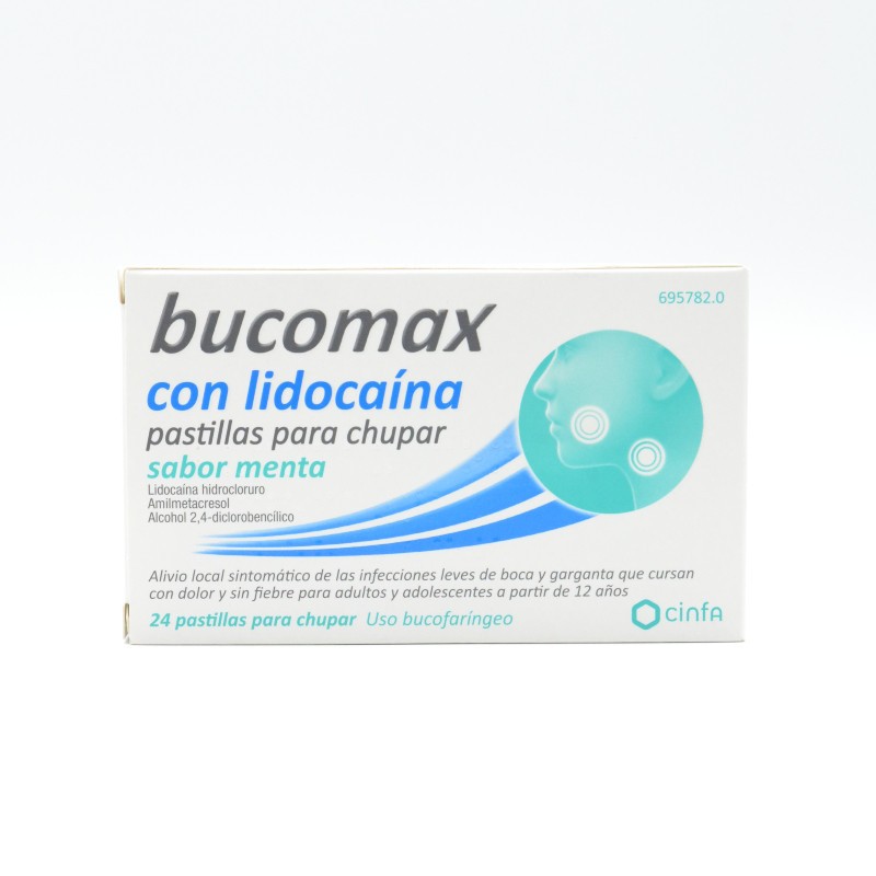 BUCOMAX LIDOCAINA 24 PASTILLAS PARA CHUPAR MENTA Dolor de garganta