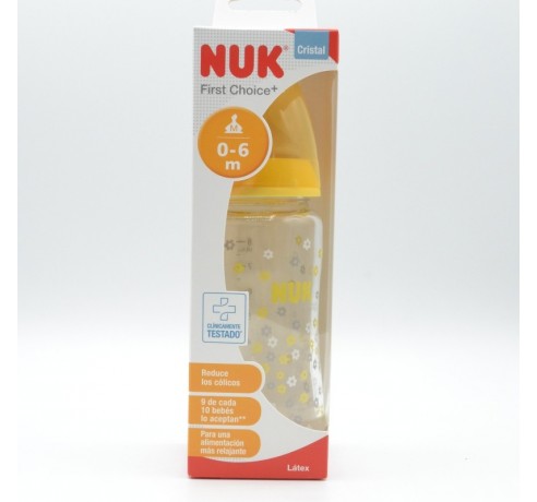 NUK First Choice+ set de biberones de iniciación de cristal, 0-6 meses, Tetina de silicona con forma anatómica, 4 biberones anticólicos y 1 cesta  para biberones, Sin BPA