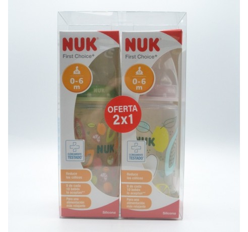 BIBERON NUK PACK SILICONA 2 BIBERONES + TERMOMETRO 0-6M 300ML Biberones y tetinas