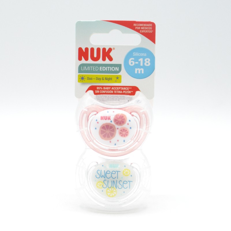 CHUPETE NUK SILICONA FRUITS DAY&NIGHT 6-18M 2UD Chupetes y broches