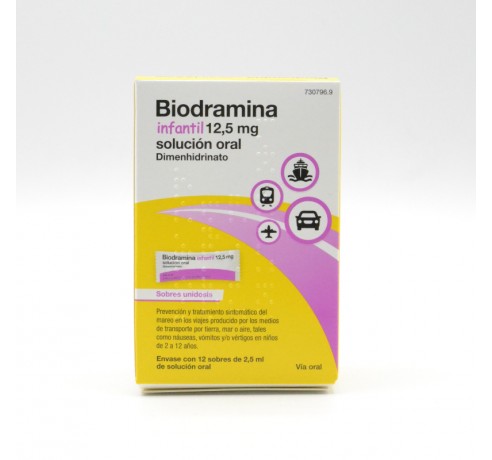 BIODRAMINA INFANTIL 12,5 MG 12 SOBRES MONODOSIS SOLUCION ORAL 2,5 ML Parafarmacia