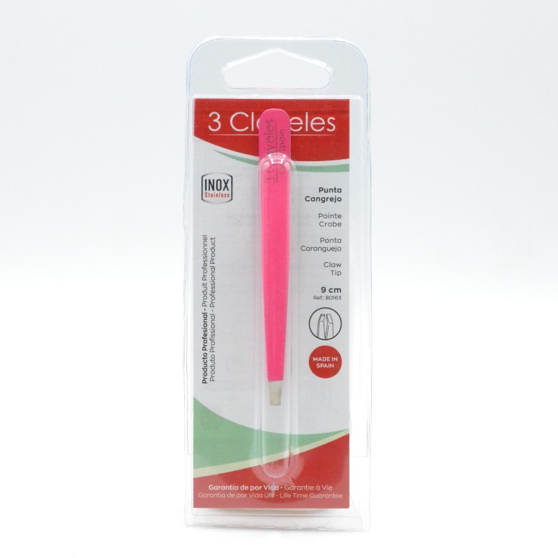 3 CLAVELES PINZA DE DEPILAR PUNTA CANGREJO 9CM ROSA Parafarmacia