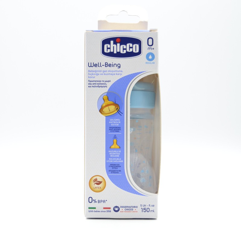 BIBERON CHICCO WB CAUCHO F REGULAR +0M AZUL 150ML Biberones y tetinas
